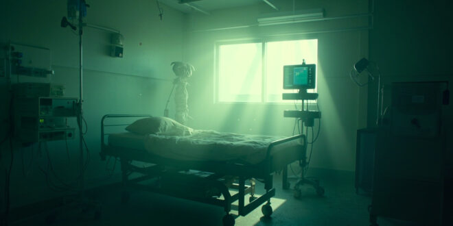 Empty hospital bed with monitoring equipment and IV stand in a sterile intensive care unit with clinical lighting