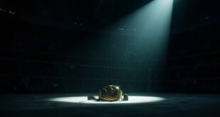 Empty wrestling ring under spotlight in silent arena with championship belt displayed on pedestal, symbolizing wrestler's passing
