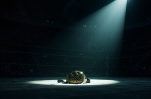 Empty wrestling ring under spotlight in silent arena with championship belt displayed on pedestal, symbolizing wrestler's passing