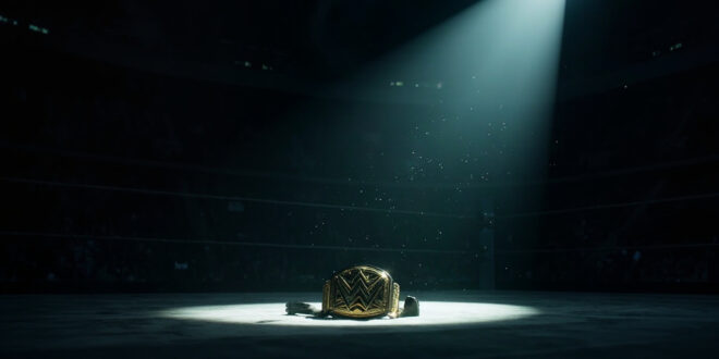 Empty wrestling ring under spotlight in silent arena with championship belt displayed on pedestal, symbolizing wrestler's passing