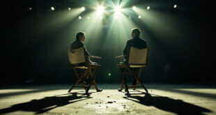 Two empty director's chairs facing each other with scripts in an abandoned film studio under harsh lighting