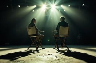 Two empty director's chairs facing each other with scripts in an abandoned film studio under harsh lighting