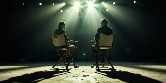Two empty director's chairs facing each other with scripts in an abandoned film studio under harsh lighting