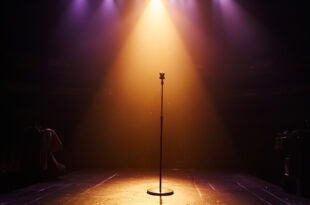 Empty concert stage with abandoned microphone stand in spotlight amid darkened venue, symbolizing a music legend's passing