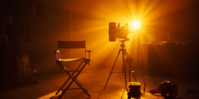 Empty director's chair and vintage movie camera in abandoned film studio at twilight, with film reel and script on table