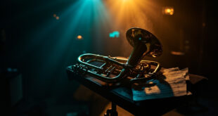 Golden flugelhorn rests on velvet stand with sheet music in dimly lit recording studio, symbolizing jazz legacy