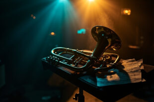 Golden flugelhorn rests on velvet stand with sheet music in dimly lit recording studio, symbolizing jazz legacy