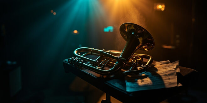 Golden flugelhorn rests on velvet stand with sheet music in dimly lit recording studio, symbolizing jazz legacy