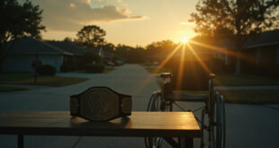 Empty wheelchair beside hospital bed with abandoned wrestling belt on table; silent ambulance in Florida driveway at dawn