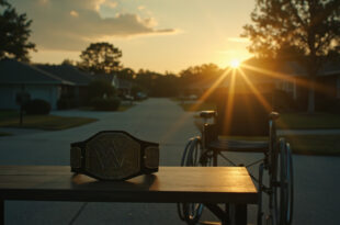 Empty wheelchair beside hospital bed with abandoned wrestling belt on table; silent ambulance in Florida driveway at dawn