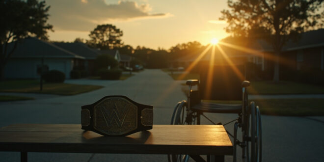 Empty wheelchair beside hospital bed with abandoned wrestling belt on table; silent ambulance in Florida driveway at dawn