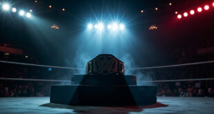 Wrestling championship belt displayed on memorial podium in dimmed, empty arena under spotlight with red, white and blue lighting