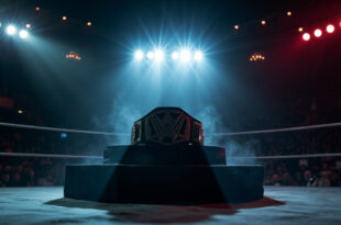 Wrestling championship belt displayed on memorial podium in dimmed, empty arena under spotlight with red, white and blue lighting