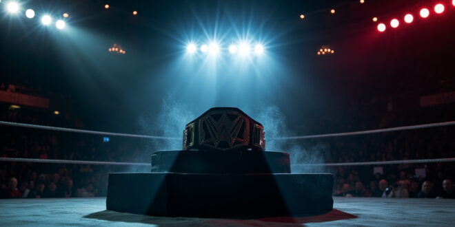 Wrestling championship belt displayed on memorial podium in dimmed, empty arena under spotlight with red, white and blue lighting