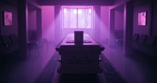 Empty funeral parlor with medical warning signs and scattered equipment, highlighting bacterial risks in sterile interior