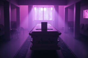 Empty funeral parlor with medical warning signs and scattered equipment, highlighting bacterial risks in sterile interior