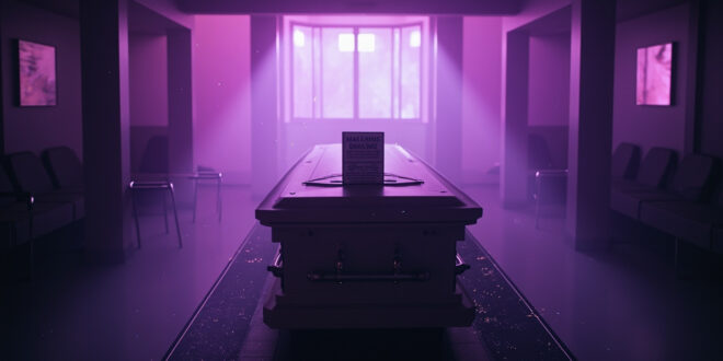 Empty funeral parlor with medical warning signs and scattered equipment, highlighting bacterial risks in sterile interior