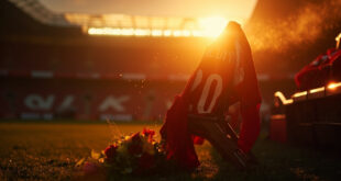 Empty football stadium at twilight with lone jersey number 20 on seat and memorial flowers honoring fallen player