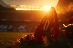 Empty football stadium at twilight with lone jersey number 20 on seat and memorial flowers honoring fallen player
