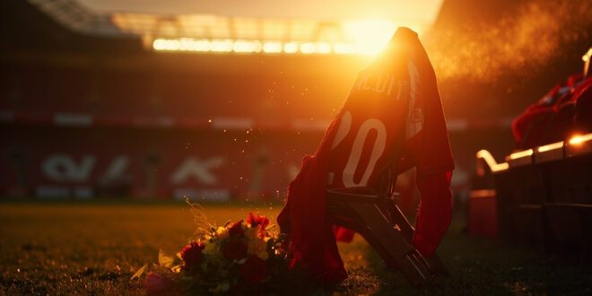 Empty football stadium at twilight with lone jersey number 20 on seat and memorial flowers honoring fallen player