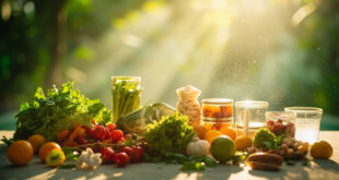 Healthy meal prep containers and wellness items arranged in a serene spa interior with fresh greens and whites