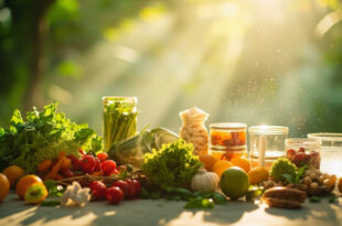 Healthy meal prep containers and wellness items arranged in a serene spa interior with fresh greens and whites
