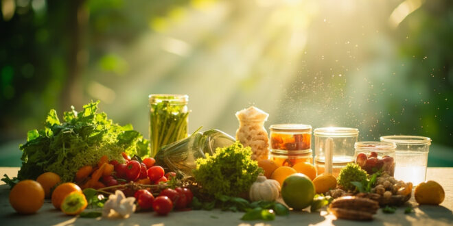 Healthy meal prep containers and wellness items arranged in a serene spa interior with fresh greens and whites