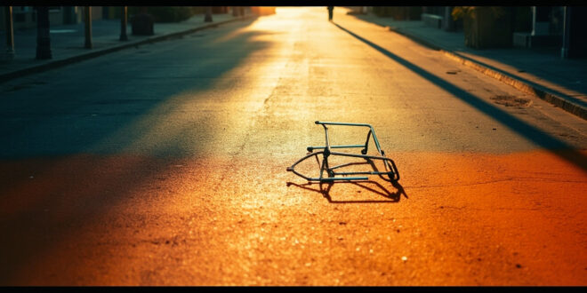 Abandoned walking frame casts protective shadow on scorching asphalt of an empty, sun-baked city street during heat emergency.
