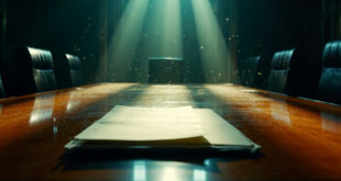 Unopened diplomatic correspondence sits on an empty mahogany table in an abandoned conference room