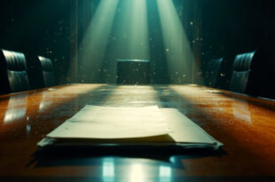 Unopened diplomatic correspondence sits on an empty mahogany table in an abandoned conference room
