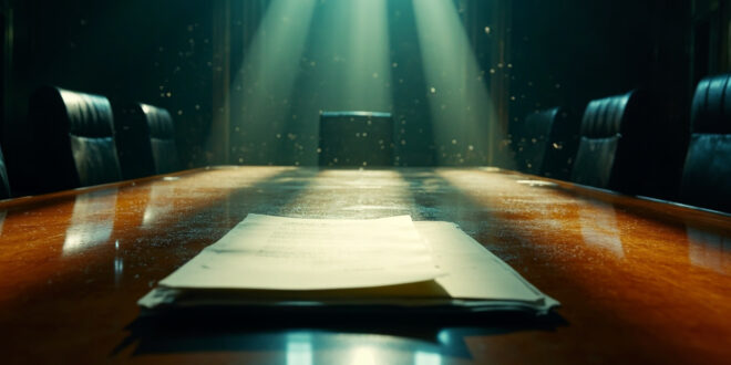 Unopened diplomatic correspondence sits on an empty mahogany table in an abandoned conference room