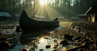 Overturned canoe and flood-damaged camp facilities scattered across muddy riverbank at abandoned summer camp after devastating flood