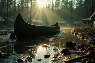 Overturned canoe and flood-damaged camp facilities scattered across muddy riverbank at abandoned summer camp after devastating flood
