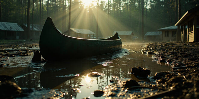 Overturned canoe and flood-damaged camp facilities scattered across muddy riverbank at abandoned summer camp after devastating flood