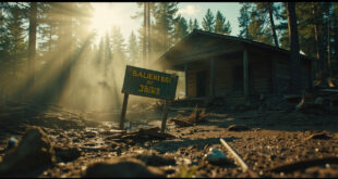 Flood-damaged empty cabin and tilted camp sign in mud at abandoned summer camp grounds after devastating floodwaters receded
