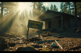Flood-damaged empty cabin and tilted camp sign in mud at abandoned summer camp grounds after devastating floodwaters receded