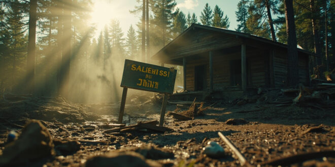 Flood-damaged empty cabin and tilted camp sign in mud at abandoned summer camp grounds after devastating floodwaters receded