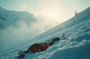 Abandoned mountain rescue equipment with orange emergency beacon on snow-covered Swiss glacier at dawn