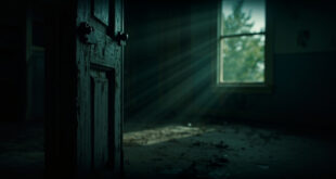 Heavy locked door in a dimly lit corridor leading to an abandoned playroom, with a locked diary visible in shadows
