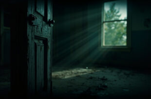 Heavy locked door in a dimly lit corridor leading to an abandoned playroom, with a locked diary visible in shadows