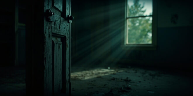 Heavy locked door in a dimly lit corridor leading to an abandoned playroom, with a locked diary visible in shadows