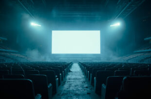 Abandoned stadium at dawn with rows of empty seats facing a blank giant video screen, bathed in cold blue and harsh white light.