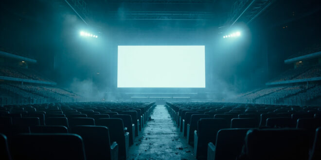 Abandoned stadium at dawn with rows of empty seats facing a blank giant video screen, bathed in cold blue and harsh white light.