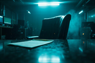 Empty leather executive chair behind mahogany desk with resignation letter in abandoned corporate office after hours