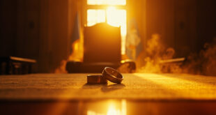 Empty presidential podium with intertwined golden wedding rings and bouquet at golden hour in formal government building