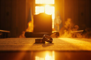 Empty presidential podium with intertwined golden wedding rings and bouquet at golden hour in formal government building