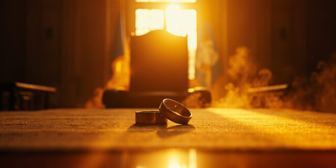 Empty presidential podium with intertwined golden wedding rings and bouquet at golden hour in formal government building