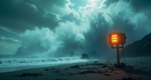 Massive tsunami waves approaching an abandoned Pacific coastline with emergency warning siren visible under stormy skies