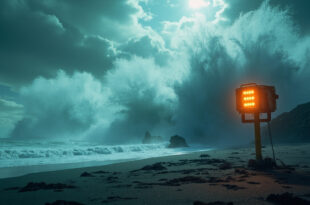 Massive tsunami waves approaching an abandoned Pacific coastline with emergency warning siren visible under stormy skies