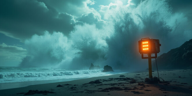 Massive tsunami waves approaching an abandoned Pacific coastline with emergency warning siren visible under stormy skies